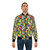 Colorful bomber jacket with a pattern featuring various conure species, including scarlet, crimson, peach faced, pineapple, and yellow sided conures. - Lifestyle