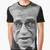 Graphic t-shirt featuring a portrait of French philosopher Jean Paul Sartre and existentialist themes
