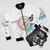Pendulum Vinyl Music Mashup Bomber Jacket with graphic design featuring vinyl record, needle, and arrow - Flat lay
