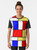 Mod 60s Mondrian Style Graphic T-Shirt with abstract minimalist Mondrian pattern in yellow, blue, red, white, and black - Women