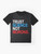 Patriotic "Trust Science Not Morons" graphic t-shirt in red, white, and blue colors. - Flat lay