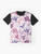A whimsical graphic t-shirt featuring a dragon breathing colorful fire in shades of pink and purple. - Flat lay