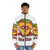Taco Titan Puffer Jacket featuring a cartoon taco hero design - men front