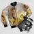 Garfield blessed bomber jacket with a unique, cursed meme design - Flat lay