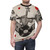 Illustrated t-shirt featuring an anthropomorphic giraffe playing drums in a surreal, eccentric style - men front