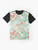 A vibrant graphic t-shirt featuring various Christmas baking elements like cookies, cupcakes, and candy canes. - Flat lay