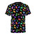 Black t-shirt with a fun, colorful dinosaur pattern design