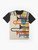 Vintage jazz-inspired graphic t-shirt with saxophone, trumpet, and facemask design for COVID-19 protection. - Flat lay