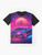A synthwave-inspired graphic t-shirt featuring a neon-lit retro-style car against a sunset background. - Flat lay