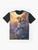 Illustration of Vivi and Mam, the chocobo friend from the Final Fantasy IX video game, on a black graphic t-shirt - Flat lay