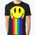 Retro rainbow smiley face emoticon graphic design on a black t-shirt