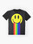 Retro rainbow smiley face emoticon graphic design on a black t-shirt - Flat lay
