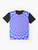 Psychedelic pulse graphic t-shirt featuring a mesmerizing optical illusion design in shades of blue and pink - Flat lay