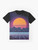 A graphic t-shirt featuring an outrun-style sunset design with neon elements and a cyberpunk, vaporwave aesthetic. - Flat lay