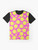 Colorful polka dot graphic t-shirt in hot pink and yellow - Flat lay