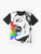 Singing rainbow graphic t-shirt with a vibrant, colorful meme design - Flat lay
