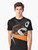 A graphic t-shirt design featuring a shark playing soccer on a black and orange background - Men
