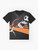 A graphic t-shirt design featuring a shark playing soccer on a black and orange background - Flat lay