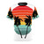 Person wearing a black t-shirt with a vivid tropical palm tree and sunrise silhouette design