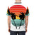 Person wearing a black t-shirt with a vivid tropical palm tree and sunrise silhouette design - men back