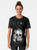 Graphic t-shirt featuring a black cat with a skull and skeleton in a black and white gothic design. - Women
