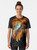 Graphic t-shirt featuring a design of wolves and stars in a cosmic, galaxy-inspired pattern. - Women