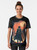 Bloodborne Hunter Eldritch Horror Graphic T-Shirt featuring a dark and ominous design with a hunter, red moon, flames, and Lovecraftian elements. - Women