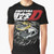 Graphic t-shirt featuring Initial D anime characters and cars including the Toyota AE86 and Mazda FD RX-7 in a drift racing scene.