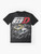 Graphic t-shirt featuring Initial D anime characters and cars including the Toyota AE86 and Mazda FD RX-7 in a drift racing scene. - Flat lay
