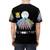 Vibrant t-shirt design featuring a dancing astronaut in a colorful space scene with planets, moons, and a smiling emoji face. - men back