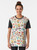 A whimsical and colorful graphic t-shirt featuring a hand-drawn pattern of delicate fungus and botanical elements against a white background. - Women