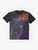 Graphic t-shirt featuring a watercolor-style illustration of a fox surrounded by stars, planets, and cosmic elements in a galaxy-inspired design. - Flat lay