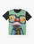 A colorful graphic t-shirt featuring a hipster frog wearing nerd glasses, surrounded by a vibrant, trendy design. - Flat lay