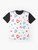 Retro 90s blue and red triangle pattern graphic t-shirt - Flat lay