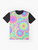 Psychedelic summer graphic t-shirt with mandala, boho, and neon rainbow design - Flat lay