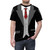 Model wearing a black t-shirt with a formal suit, red tie, and vest design - men front