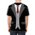 Model wearing a black t-shirt with a formal suit, red tie, and vest design - men back
