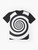 Black and white hypnotic spiral graphic t-shirt - Flat lay