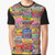 Colorful graphic t-shirt featuring various candy wrappers and packaging designs