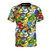 An all-over print t-shirt featuring a flock of cute, colorful birds