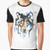 Watercolor wolf graphic design on a black t-shirt, featuring a stylized, abstract wolf illustration in shades of blue and gray.