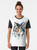 Watercolor wolf graphic design on a black t-shirt, featuring a stylized, abstract wolf illustration in shades of blue and gray. - Women