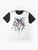 Watercolor wolf graphic design on a black t-shirt, featuring a stylized, abstract wolf illustration in shades of blue and gray. - Flat lay