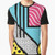 Vibrant abstract graphics in a retro 80s Memphis pop art style on a graphic t-shirt