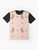 LA PETITE VIE graphic t-shirt featuring a colorful pattern of bananas, cherries, and other Quebec-inspired elements - Flat lay