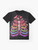 Colorful floral graphic t-shirt with the phrase "Love Wins" on a rainbow background - Flat lay