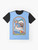 Retro-style graphic t-shirt with "Stay Positive" text and a vintage shark design - Flat lay