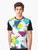 Retro 80s geometric graphic design t-shirt featuring a colorful grid pattern with triangles in pink, blue, white, green, and yellow. - Men