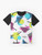 Retro 80s geometric graphic design t-shirt featuring a colorful grid pattern with triangles in pink, blue, white, green, and yellow. - Flat lay