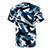 Model wearing navy blue t-shirt with dazzle camouflage pattern design - Back